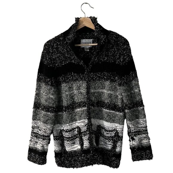 Chicos Full Zip Cardigan Jacket Size 1 Medium Boucle Yarn Textured Tweed Fringe - Picture 1 of 7